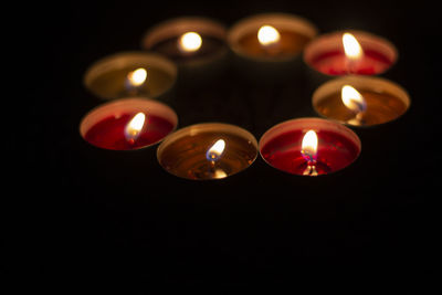 Close-up of lit candle against black background