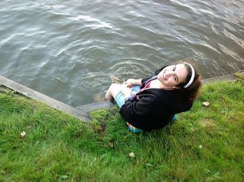 High angle view of woman in water