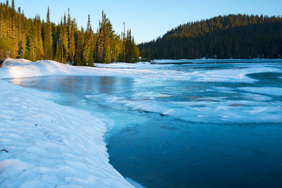 Frozen reflection lake at sunrise, mount rainier national park, washington state, usa