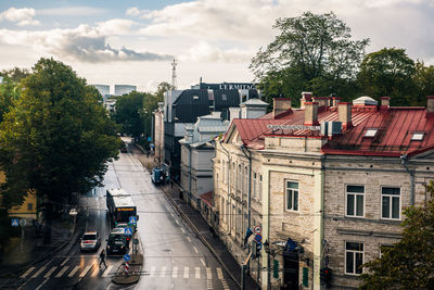 High angle view of buildings in city against sky