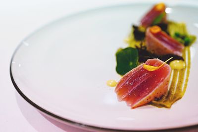 High angle view of dessert in plate on table