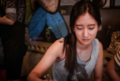 High angle view of woman in restaurant