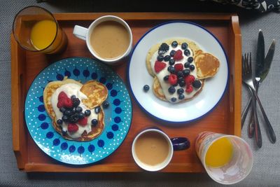 High angle view of breakfast served on table