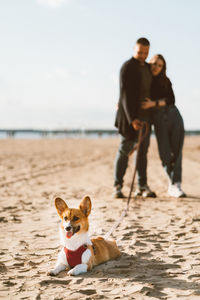 Couple and dog at beach against sky