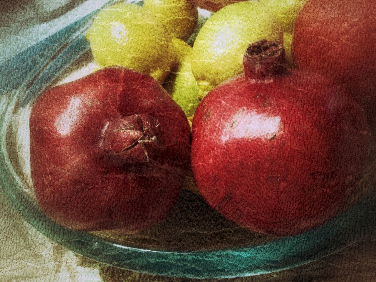 food and drink, close-up, fruit, healthy eating, food, red, indoors, no people, wellbeing, freshness, apple - fruit, still life, directly above, textile, high angle view, nature, pomegranate, group of objects, table, plant, ripe