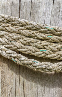 High angle view of rope on wood