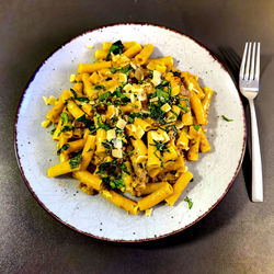 High angle view of food in plate on table