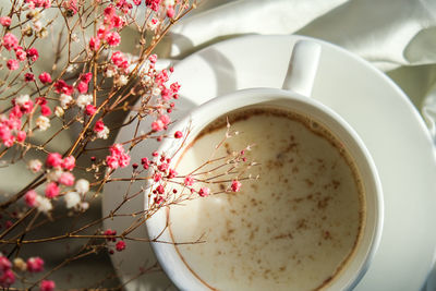 White cup of milk and chocolate. morning aesthetics vibes. breakfast. pink gypsophila flowers. hard