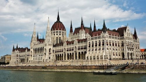 View of buildings by river against cloudy sky