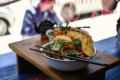 Close-up of vietnam food served on table in restaurant