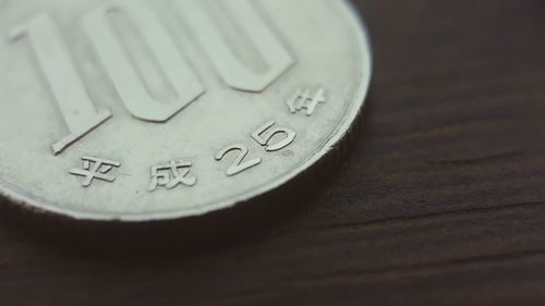 Close-up of coin on table