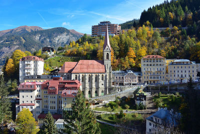 High angle view of buildings in town