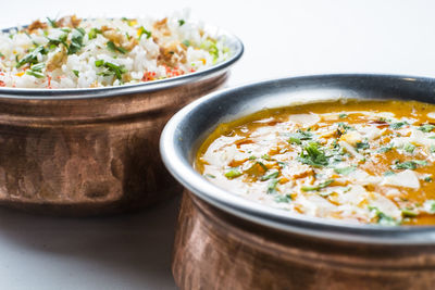 Close-up of soup in bowl on table