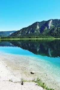 Scenic view of lake against clear blue sky