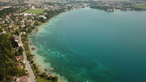 High angle view of sea and trees