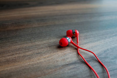 High angle view of red toy on table