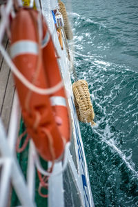 High angle view of rope tied on boat