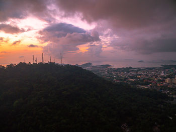 High angle view of buildings against sky during sunset