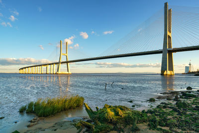 View of suspension bridge over sea