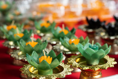 Close-up of candles on table