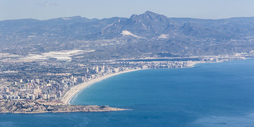 Aerial view of city by sea against sky