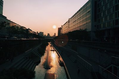 Panoramic view of city against sky at sunset