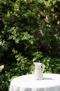 White coffee cup on table against trees in yard