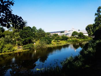 Scenic view of lake by trees against clear sky