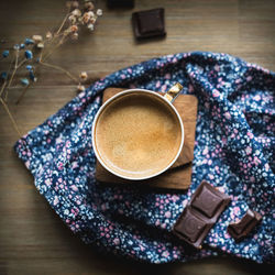 High angle view of coffee on table