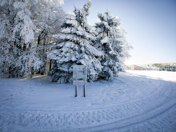 Snow covered trees on field against sky