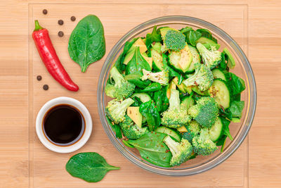 High angle view of food served on table