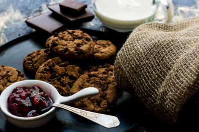 High angle view of breakfast on table