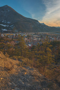 A panoramic vertical landscape view of veynes, an old town in the french alps, during the sunset