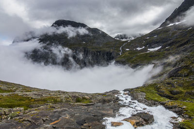 Scenic view of waterfall against sky