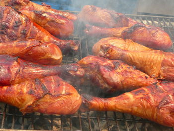 Close-up of meat on barbecue grill