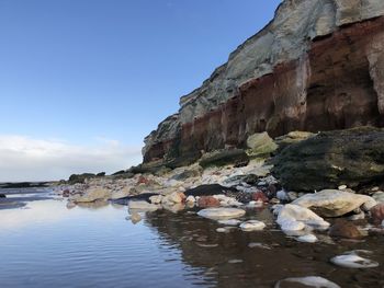 Rocks on beach by sea against sky