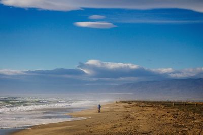 Rear view of a man walking on calm beach