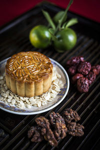 High angle view of dessert in plate on table