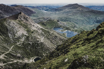 High angle view of land and mountains