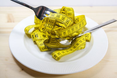 High angle view of food in plate on table