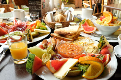 High angle view of various food on table at restaurant