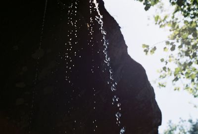 Close-up of water drops on spider web against sky