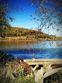 Scenic view of lake against clear blue sky