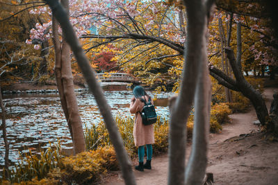 Rear view of woman standing by tree in forest during autumn