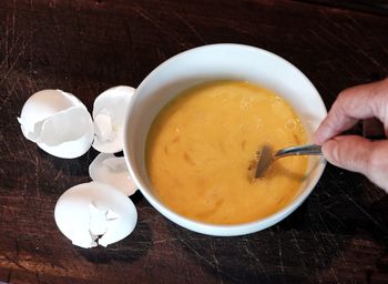 High angle view of soup in bowl on table