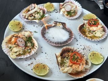 High angle view of food in plate on table