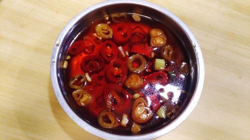 High angle view of fruits in bowl on table