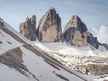 Beautiful view of high towers in italy alps, tre cime di lavaredo, dolomites, europe