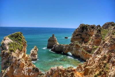 Scenic view of sea against clear blue sky