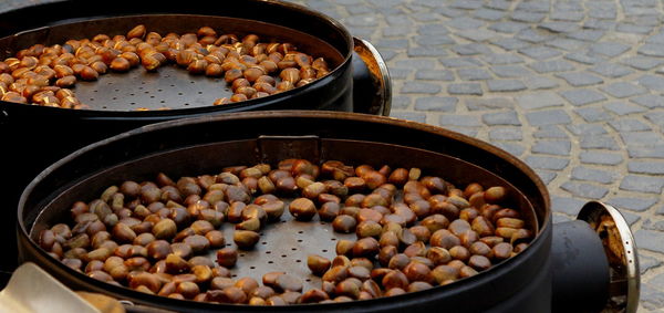 High angle view of chestnuts in container